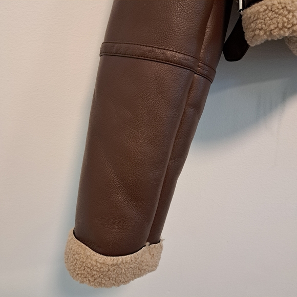 Garage Cropped Aviator Jacket Sherpa Lined Coat Brown Faux Leather Women's Sz M - Picture 9 of 16